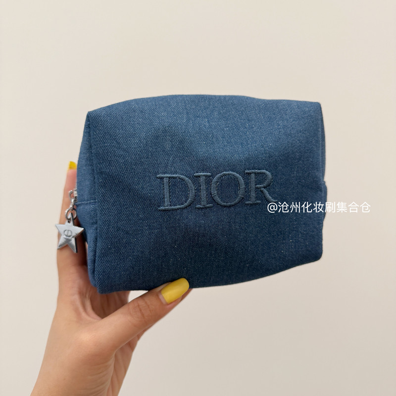 Super Rare! Dior Denim Fabric High-End Denim Makeup Bag Round Makeup Bag Fashionable Simple Storage Bag