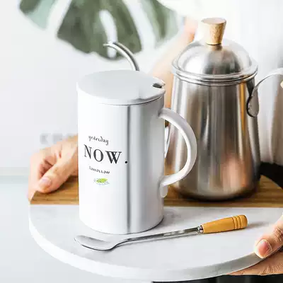 Mug with lid spoon large capacity ceramic cup Women's coffee cup Office water cup Nordic simple ins couple cup