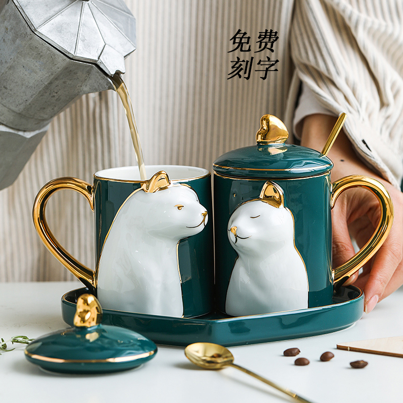 Couples mug with lid with spoon ceramic mug creative birthday gift a pair of simple couple style water cup engraving