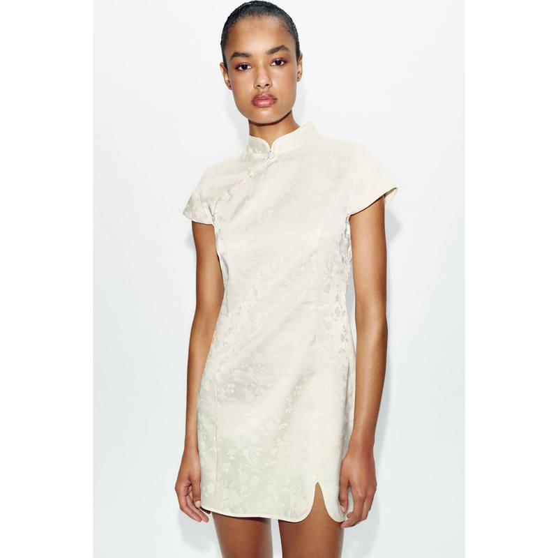 Cabinet 399! Za Spring/Summer New Minimalist Style High-Neck Short-Sleeve Jacquard Short Dress with a New Chinese Style 2630538