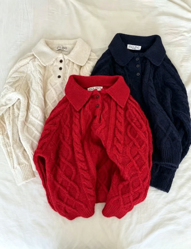 Korean Style Texture ~ Heavy Cable Knit Polo Collar Sweater for Women, Loose and Soft Pullover Knit Top for Autumn and Winter