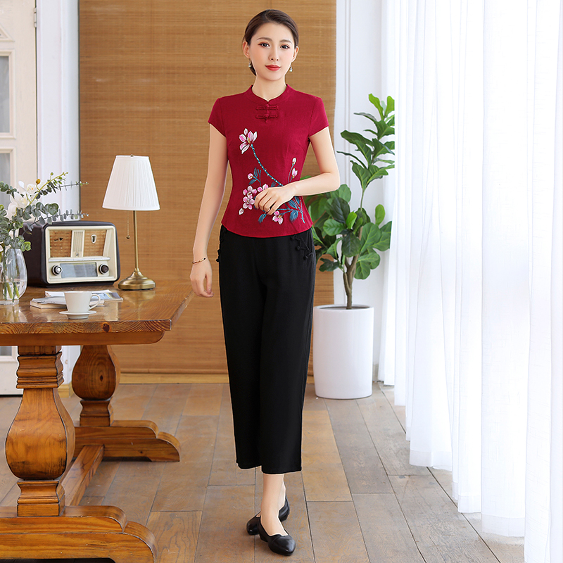 Cải thiện lanh thời trang cotton ngắn tay sườn xám đầu vẽ tay Folk Phong cách Tang phù hợp hàng ngày mẹ đầm đầm cưới cô gái