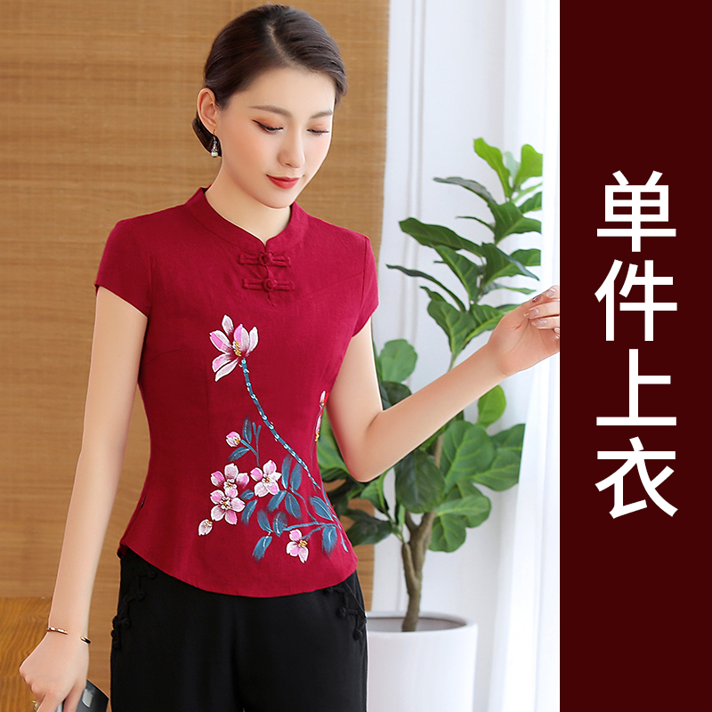 Cải thiện lanh thời trang cotton ngắn tay sườn xám đầu vẽ tay Folk Phong cách Tang phù hợp hàng ngày mẹ đầm đầm cưới cô gái