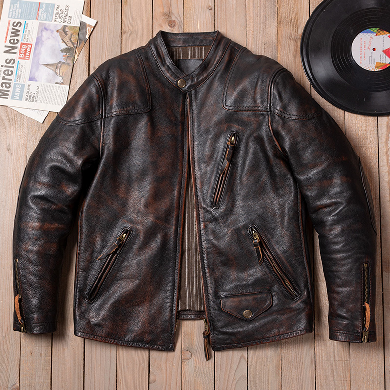 Venom Hand-Rubbed First-Layer Calfskin Men's Slim-Fit Stand-Collar Genuine Leather Motorcycle Jacket
