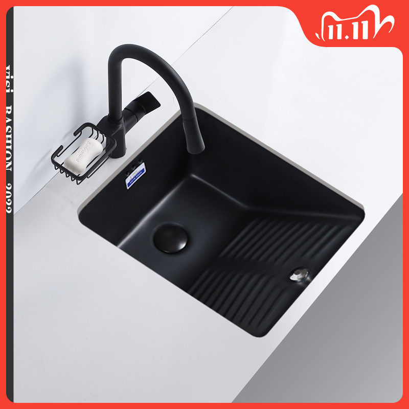Nordic style colorful matte black balcony sink ceramic laundry tub sink with washboard undercounter basin