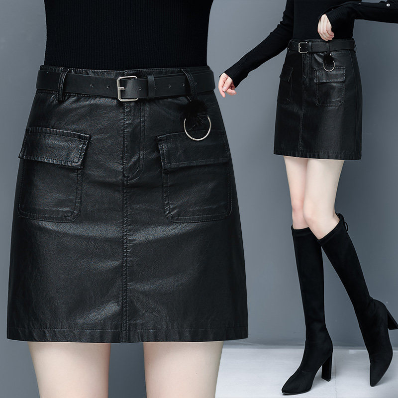 Leather skirt skirt autumn and winter 2021 new fashion high waist explosions a-shaped pu skirt one-step hip skirt women