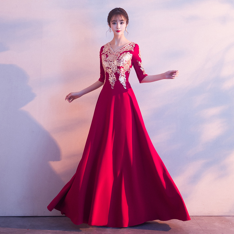 Large Choir Performance Clothing Women's Long Skirt Solo Elegant Slim Satin Mid-Sleeve Dress Evening Dress Stage Clothing