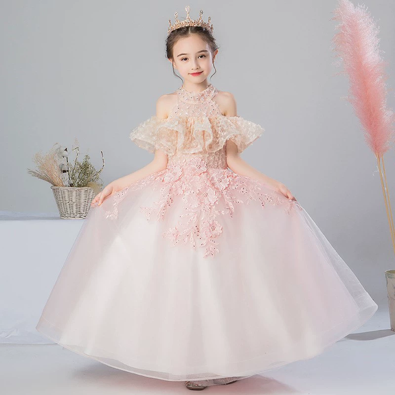 Công chúa váy cô gái mềm mại sợi dẫn chương trình biểu diễn piano váy cô gái nhỏ kiểu phương tây váy trẻ em váy hoa cô gái váy cưới - Váy trẻ em