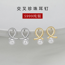 s999 sterling silver pearl stud female 2021 New Tide temperament raise ear earrings simple and exquisite advanced ear ornaments