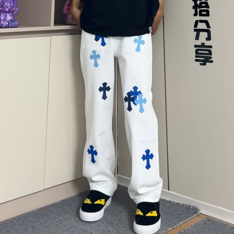 American Street Style Retro Embroidered Classic Patchwork Cross White Jeans Unisex Loose Straight-Leg Pants