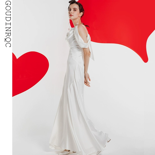 GOUDINRQC/古典青春 Белое длинное элегантное вечернее платье, французский стиль, эффект подтяжки, по фигуре