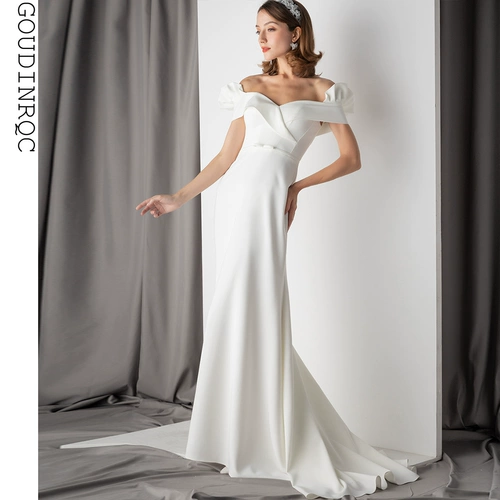 Белое ретро элегантное платье для невесты, открытые плечи, крой «рыбий хвост», премиум класс