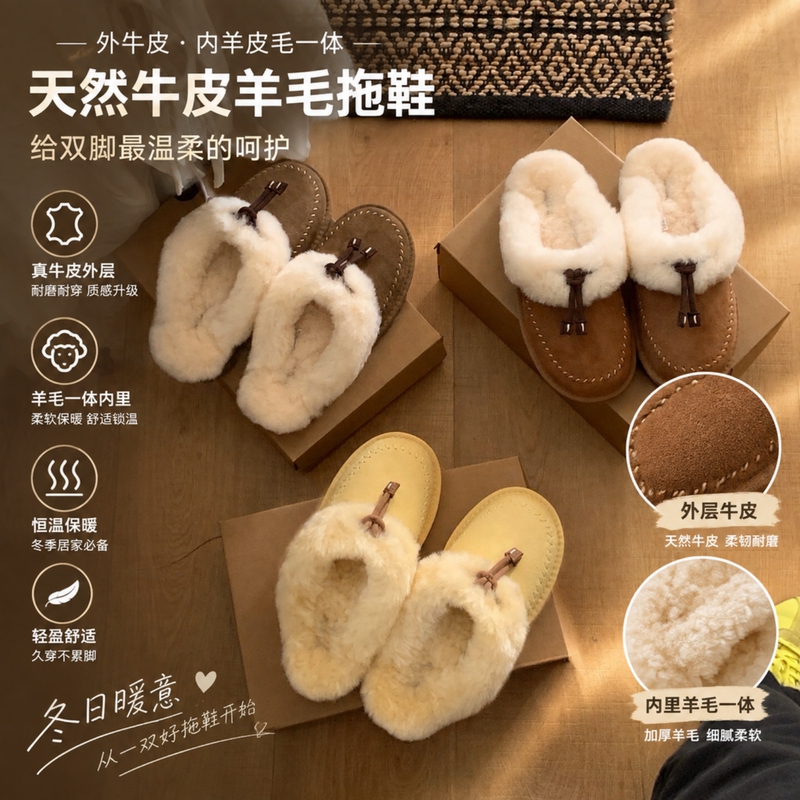 Sangpo Women's Winter 2026 New Style Closed-Toe Slippers, Made of Sheepskin and Fur, Comfortable and Warm, Suitable for Outdoor Wear, Mule Half-Slippers