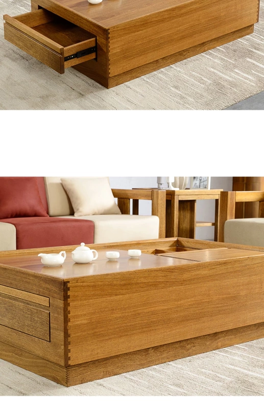 Nội thất gỗ tếch Gỗ Phòng khách Hình chữ nhật Đa chức năng Đơn giản với Ngăn kéo Gia đình Bàn cà phê Gỗ rắn Kết hợp Tủ TV - Bàn trà