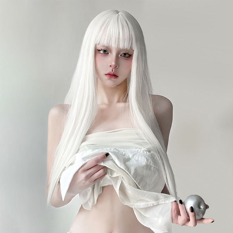 Wig Female Internet Celebrity Lolita Daily Two-Dimensional Cosplay White Long Straight Hair Natural Seamless Realistic Full Head Wig