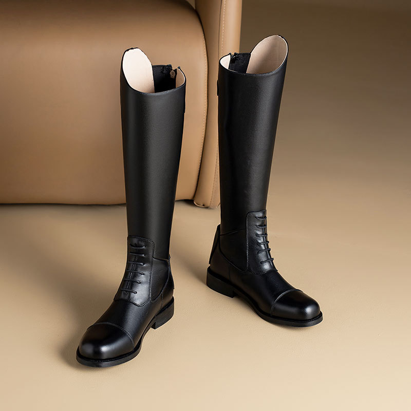 Men's Genuine Leather Long Equestrian Boots, No More Than Knee-High Autumn and Winter New High Knight Boots, Long Boots, Round Toe Thick Heel Women's Boots