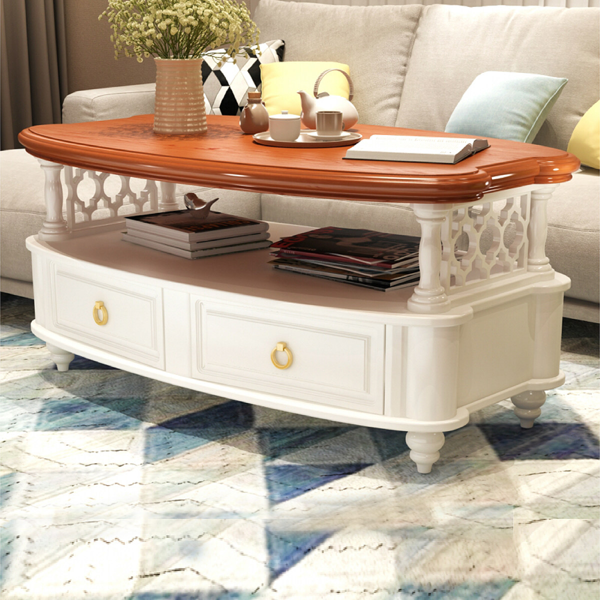 Fashion Rui American country small apartment solid wood small round coffee table tea table living room storage four drawers Mediterranean coffee table