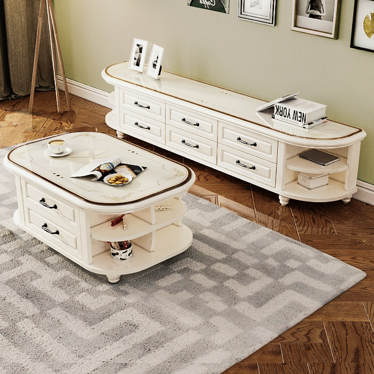 American Country Solid Wood TV Cabinet Tea Combined Modern Simple Living Room Round Round Luxury