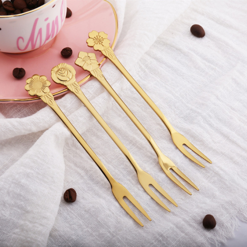 European exquisite stainless steel flower shape fork Creative fruit fork Dessert fork Fruit label Cute small fork