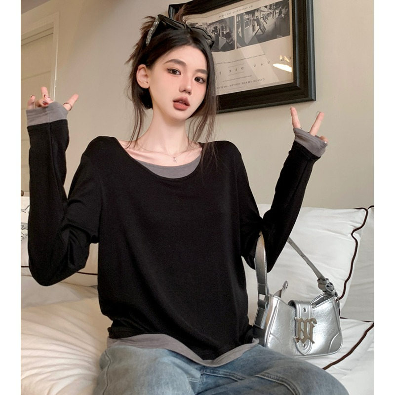 Maternity Wear 2025 Autumn and Winter Fake Two-Piece Long-Sleeve T-Shirt Top with Inner Layer, Loose Fit, Slimming, Covers the Belly during Pregnancy