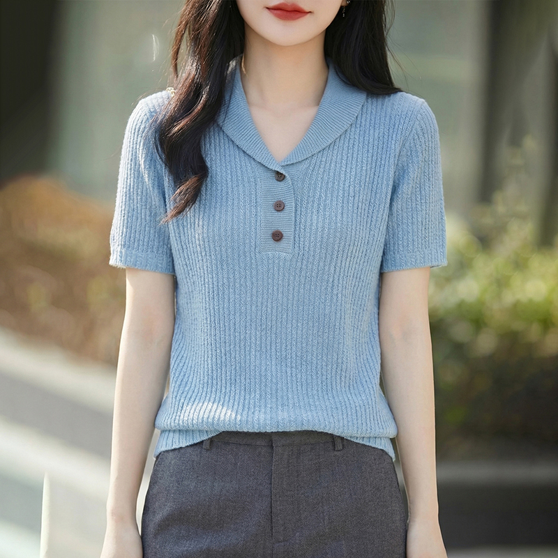 Soft and Stylish Old Money Style Fashion Lapel Button Short-Sleeve Knit Top for Women, Tencel Cotton Versatile Slimming T-Shirt