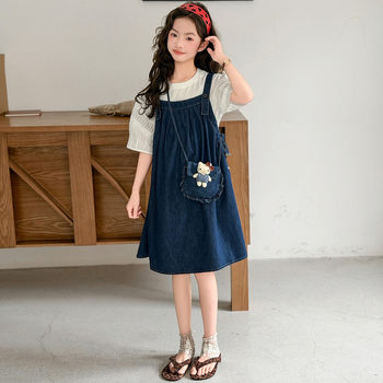 ເດັກຍິງ summer korean style denim suspender skirt suit thin style fashionable 2026 new medium and large children short-sleeved t-shirt