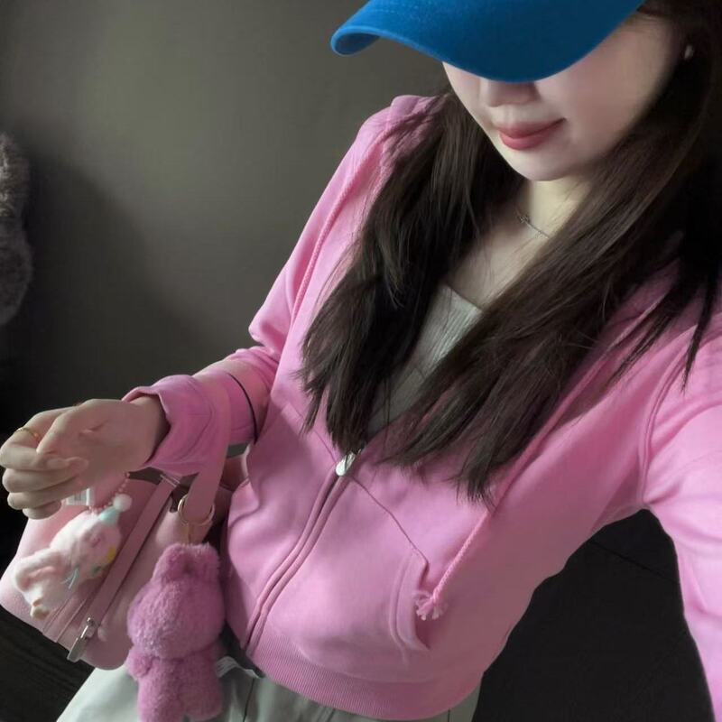 Early Autumn Hoodie Jacket for Women, Dopamine-Style, Petite, Pink, Short Zip-Up Cardigan, Trendy