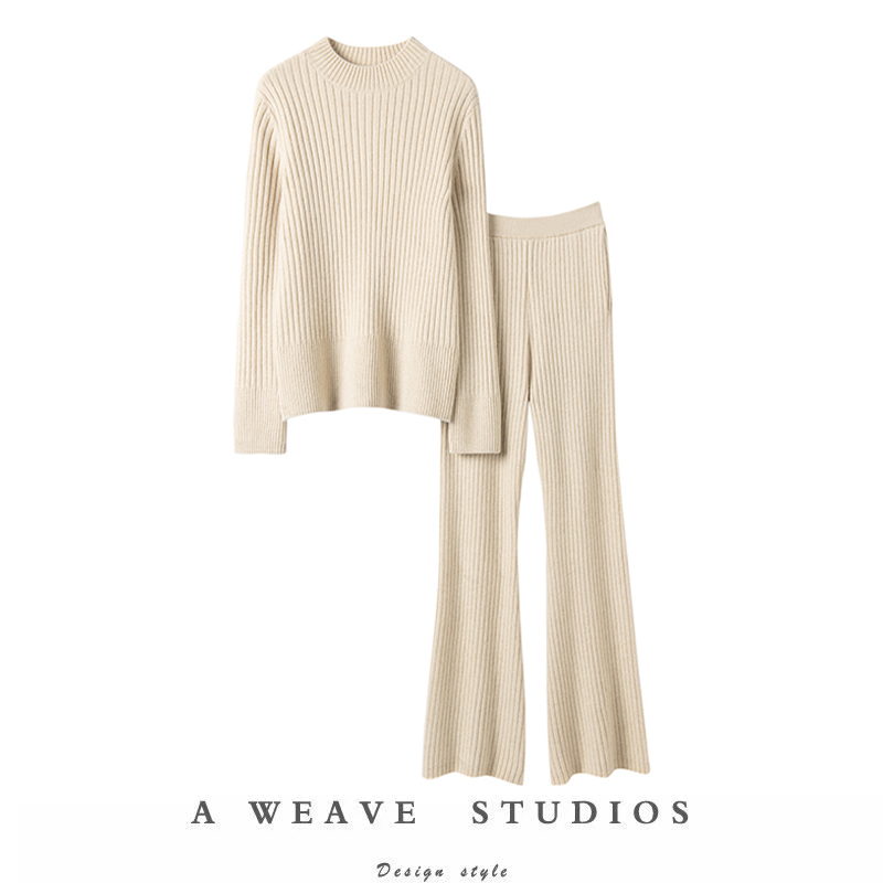 High-End Rare~ Half-High Collar 100% Pure Cashmere Thick Ribbed Paper-Thin Cashmere Pants Women's Knit Set