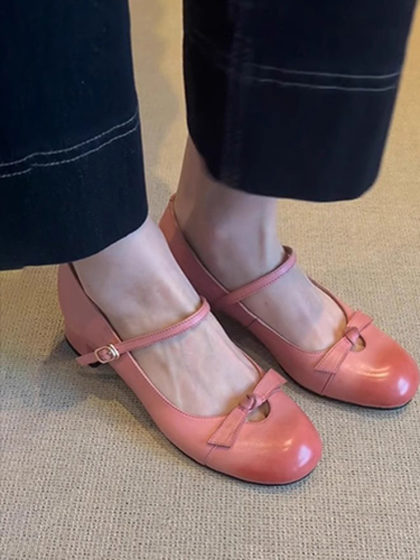 真皮~温柔气质蝴蝶结玛丽珍鞋女2025新款春夏一字扣粗跟浅口单鞋