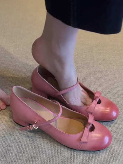 真皮~温柔气质蝴蝶结玛丽珍鞋女2025新款春夏一字扣粗跟浅口单鞋