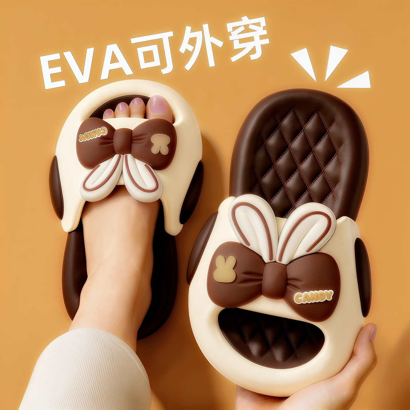 かわいいうさぎ耳リボン付きレディーススリッパ、夏用室内EVA厚底滑り止めビーチサンダル、屋外着用にも適しています