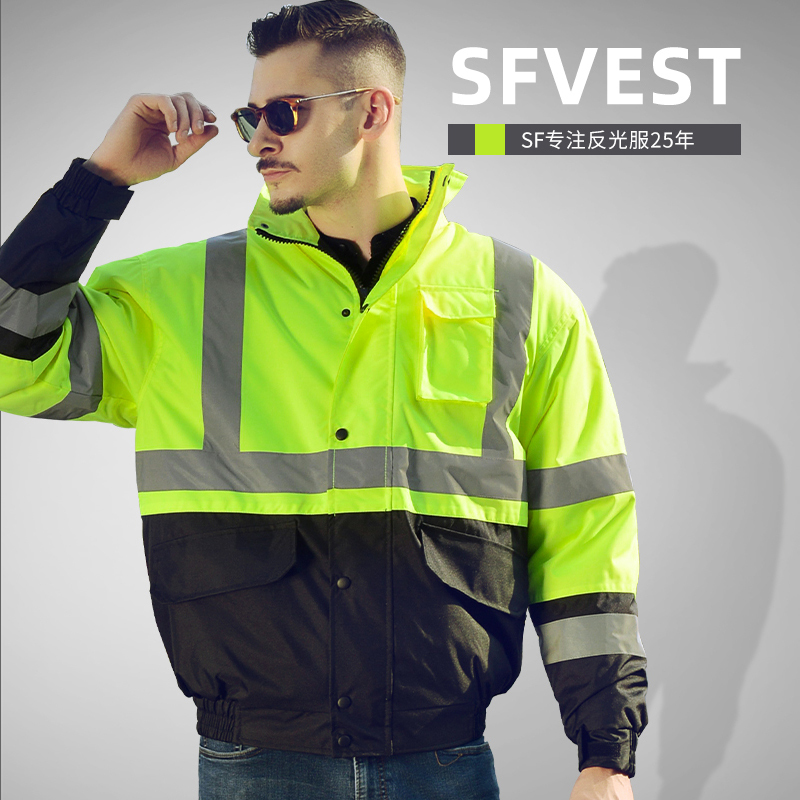 Sfvest Reflective Cotton Jacket Safety Cotton Coat Traffic Highway Coat Raincoat Cycling Warning Jacket Men's Winter
