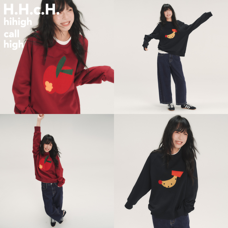 Hhch Koushai Aw26 Apple Banana Embroidered Raglan Sleeve Round Neck Loose Pullover Sweatshirt Hhch Koushai Aw26 Apple Banana Embroidered Raglan Sleeve Round Neck Loose Pullover Sweatshirt