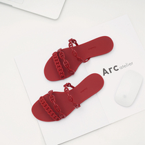 Online Red New Fairy Shoes Pig Nose Beach Flat Bottom Sandals Ladies Outside Wearing Plastic Word Type Drag Beach Shoes Woman