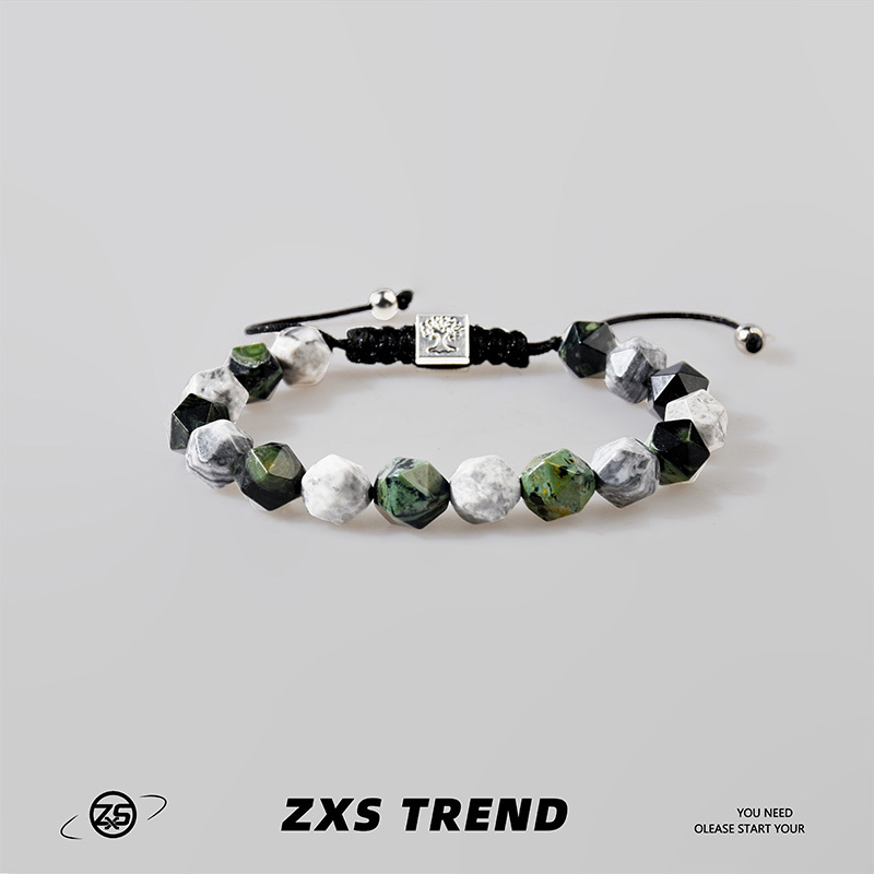 Zxs Studio High-End Dark Green Agate Bracelet for Men and Women, Hip-Hop Personalized Gift, Non-Fading Beaded Jewelry Trend
