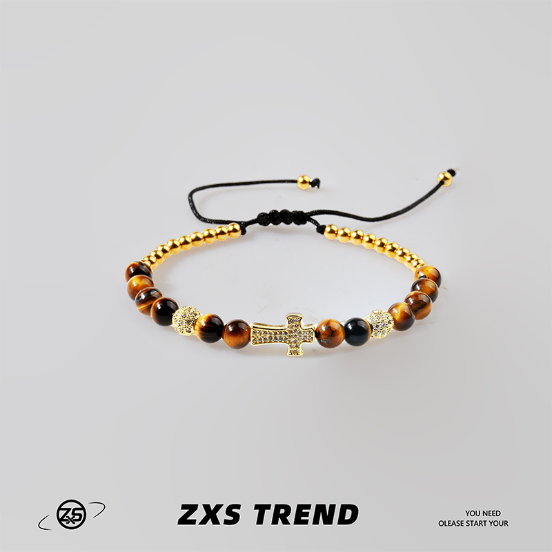Zxs Studio Tiger's Eye Stone Gold Full Diamond Cross Bracelet for Men and Women Hip-Hop High-End Titanium Steel Jewelry Trend