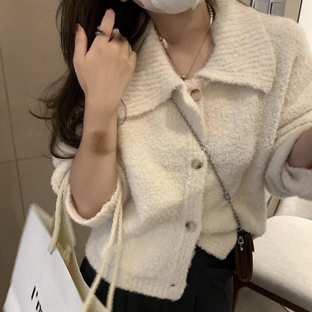 Korean chic milk white lapel sweater jacket for women in autumn