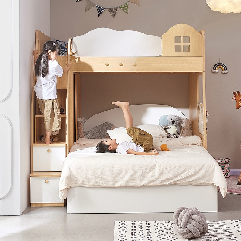 Koala Forest Staggered Bunk Bed for Small Apartments, Nordic Style High and Low Bunk Bed with Wardrobe and Tatami Koala Forest Staggered Bunk Bed for Small Apartments, Nordic Style High and Low Bunk Bed with Wardrobe and Tatami