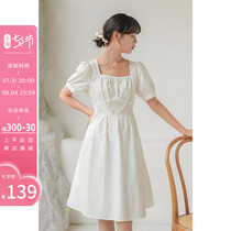 Method Silk Alu Style Square Collar White Dress Woman Summer Design Sensation Bubble Sleeves Small White Dress Short of Temperament Skirt
