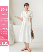 Fassilu white one-piece one-piece dress for women Summer design Short sleeves waist temperament style long style dress