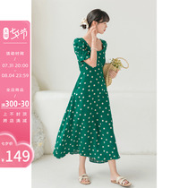 FSilk Alu Style Polo Dot Dress Woman Summer Design Sensation Bubble Sleeves Cashews Waist Retro Temperament Green Long Dresses