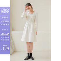 Fassilu white dress with dress female spring dress Balloon First Love Skirt Method Vintage Gentle Square Collar Little Subshort Skirt