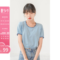 Fascia blue stitch cardigan woman summer new short sleeve design sensation small crowdcast-waist short and thin style blouse