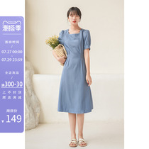 Fassilu blue French style square collar dress female summer short sleeve cashew with slim mid-length Temperament Small Skirt