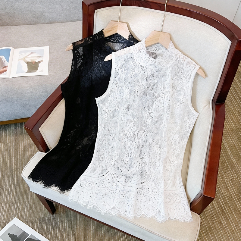 Half-High Collar White Lace Mesh Base Layer Top for Layering, Stunning Lace Transparent Top for Women, Light Luxury and High-End Feel