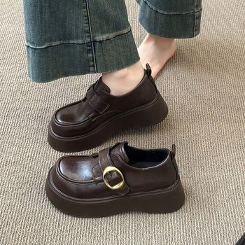 Brown Leather Shoes for Women, 2026 New Spring and Autumn Genuine Leather Stylish Platform Shoes with Buckle Loafers, Thick-Soled Single Shoes
