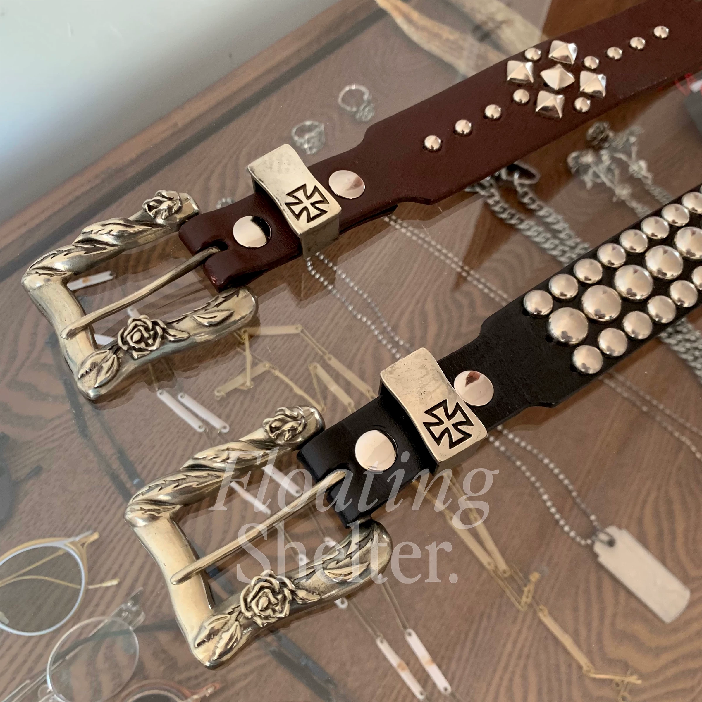 Leather denim belt, cowhide, punk style
