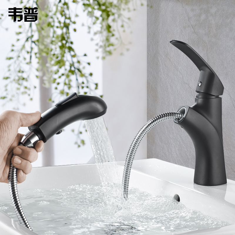 Black powder room pull-out faucet basin hot and cold faucet all copper European-style washbasin hand wash bathroom faucet