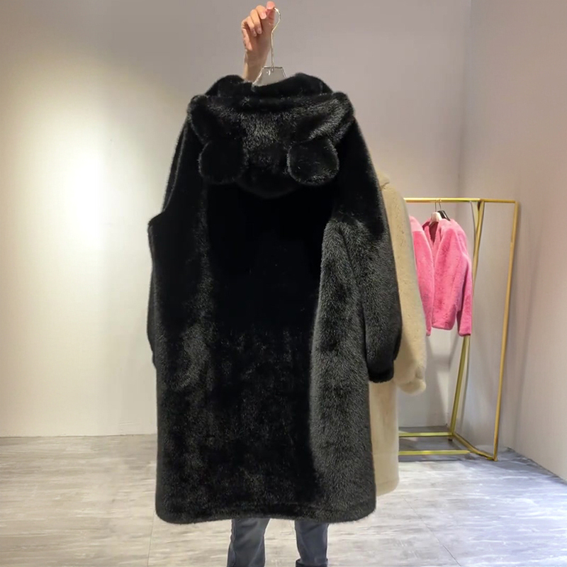 Winter New Thickened Faux Fur Plush Shearling Coat for Women, Loose Long Over-The-Knee Coat