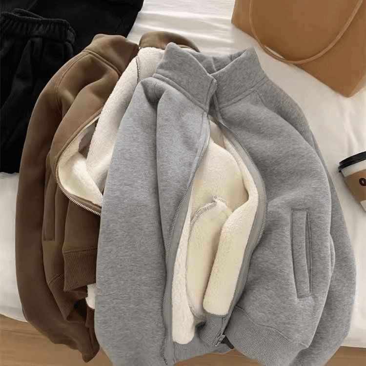 Winter Little Heater! Fleece-Lined and Thickened Lamb Wool Sweatshirt Jacket for Women, Warm Casual Stand-Up Collar Zip-Up Cardigan Top